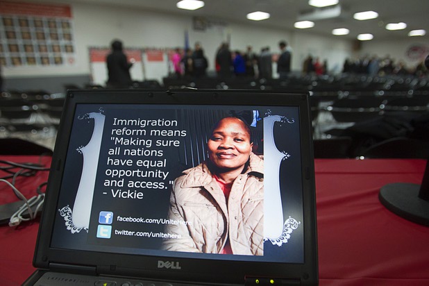 An image is shown on a laptop screen following a gathering of union leaders, working families and community partners at the Culinary Workers Local 226 union hall Tuesday, Jan. 29, 2013.