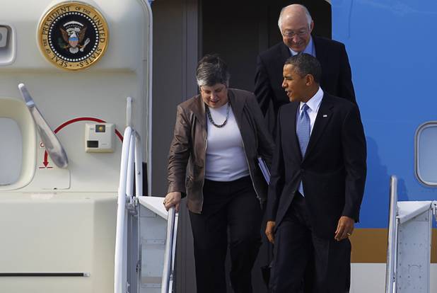President Barack Obama arrives with Secretary Of Homeland Security Janet Napolitano and Secretary of the Interior Ken Salazar to kick off his public push for immigration reform in Las Vegas, Nevada Tuesday, Jan. 29, 2013. 
