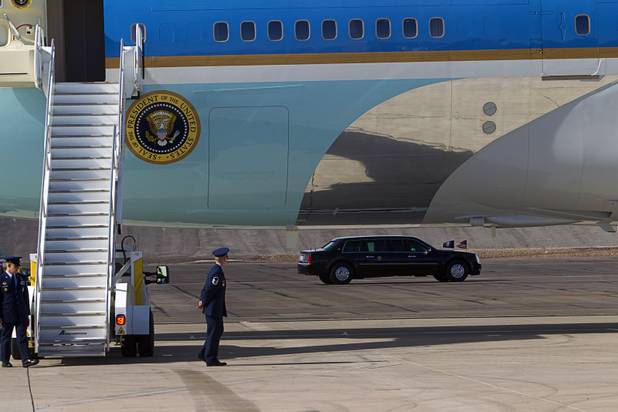 A presidential limousine leaves the McCarran International Airport as President Barack Obama arrives to kick off his public push for immigration reform in Las Vegas, Nevada Tuesday, Jan. 29, 2013.