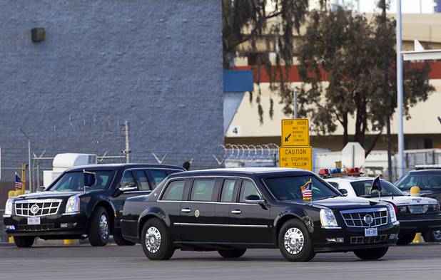 Presidential limousines return to McCarran International Airport after President Barack Obama kicked off his public push for immigration reform in Las Vegas, Nevada Tuesday, Jan. 29, 2013.