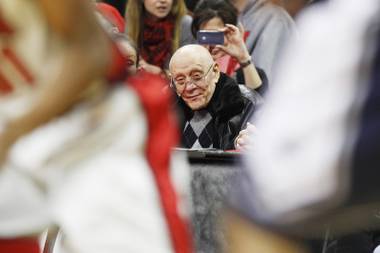 Former UNLV head coach Jerry Tarkanian watches as the Runnin’ Rebels take on UNR Tuesday, Jan. 29, 2013 at the Thomas & Mack. UNLV won the game 66-54.