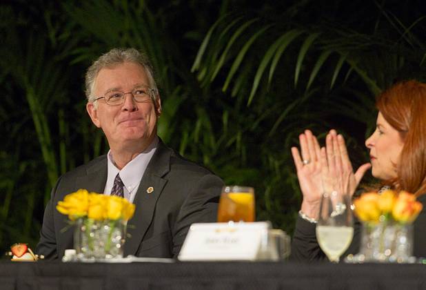 Henderson Mayor Andy Hafen, left, is introduced during the Henderson State of the City address at Green Valley Ranch Station Casino Thursday, Jan. 31, 2013. City Council woman Debra March is at right.