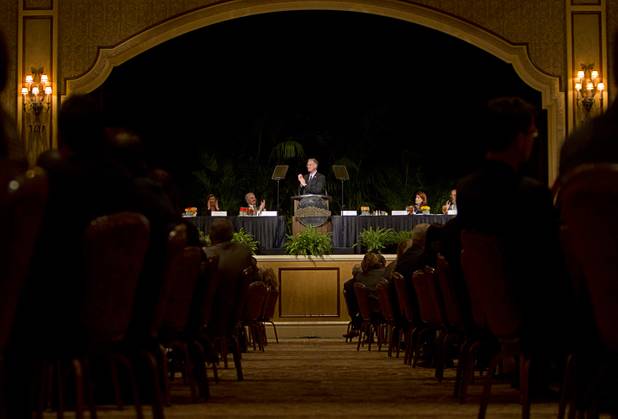 Henderson Mayor Andy Hafen, center, delivers the Henderson State of the City address at Green Valley Ranch Resort Thursday, Jan. 31, 2013.
