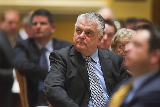 Clark County Commission Chairman Steve Sisolak listens to Henderson Mayor Andy Hafen during the Henderson State of the City address at Green Valley Ranch Station Casino Thursday, Jan. 31, 2013.