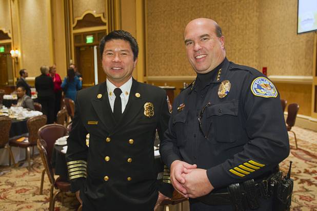 Henderson Fire Chief Steve Goble, left and Henderson Police Chief Pat Moers attend the Henderson State of the City address at Green Valley Ranch Station Casino Thursday, Jan. 31, 2013.