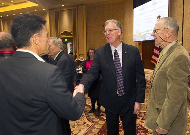 Henderson Mayor Andy Hafen, center, meets with guests after delivering the Henderson State of the City address at Green Valley Ranch Station Casino Thursday, Jan. 31, 2013.