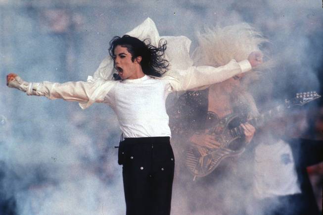 Pop superstar Michael Jackson performs during the halftime show at the Super Bowl in Pasadena, Calif., Feb. 1, 1993. 