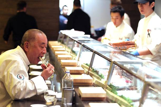 Chef Nobu Matsuhisa tastes some sushi at his new Nobu Restaurant at Caesars Palace in Las Vegas on Friday, February 1, 2013.