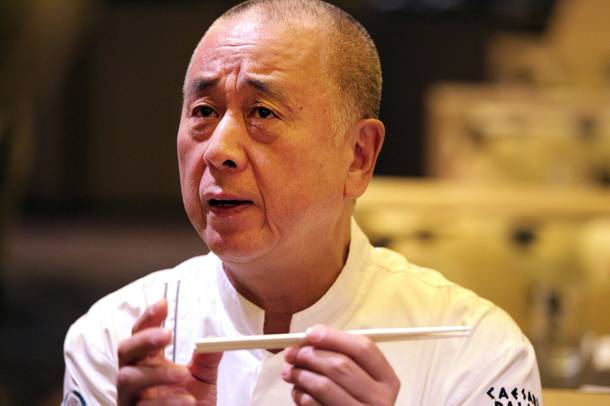 Chef Nobu Matsuhisa talks to his staff at the new Nobu Restaurant at Caesars Palace in Las Vegas on Friday, February 1, 2013.