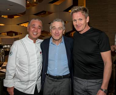 The Nobu Hotel and Restaurant ribbon-cutting opening with chef Nobu Matsuhisa and business partner and actor Robert De Niro, pictured here with chef Gordon Ramsay, right, in Caesars Palace on Saturday, Feb. 2,&nbsp;2013.