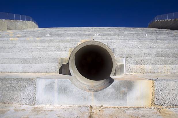 A drainage pipe is shown on a flood reservoir spillway during a tour of Sunrise Landfill Tuesday, Feb. 5, 2013. In 1998, a storm damaged the landfill cap, sending waste into the Las Vegas Wash and Lake Mead. The tour marked the completion of $36 million in storm control construction.