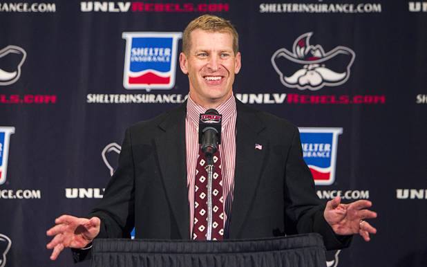 UNLV football coach Bobby Hauck, talks about a new recruit as he announces the Rebels' 2013 recruiting class during a news conference at the Thomas & Mack Center Wednesday, February 6, 2013.
