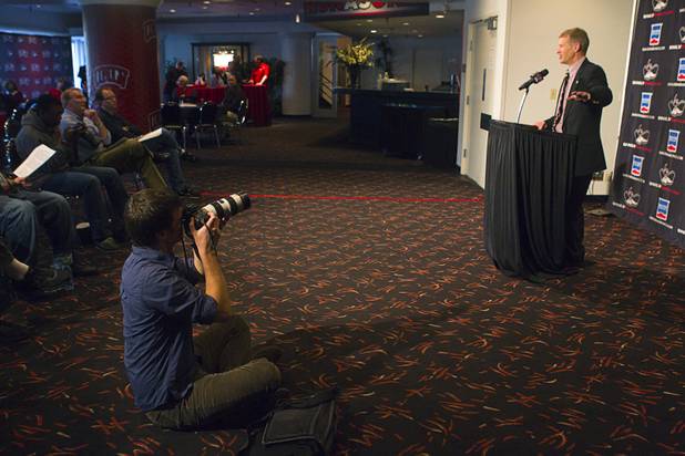 UNLV football coach Bobby Hauck, announces the Rebels' 2013 recruiting class during a news conference at the Thomas & Mack Center Wednesday, February 6, 2013.