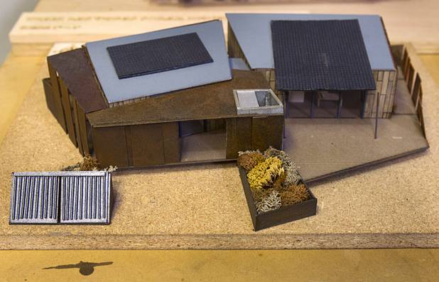 A model of the UNLV Solar Decathlon home is displayed in a classroom at the School of Architecture at UNLV Wednesday, Feb. 6, 2013. The solar decathlon is a biennial U.S. Department of Energy-sponsored competition intended to educate the public about energy-saving residential design. UNLV will compete against 19 other schools this October in Irvine, Calif.