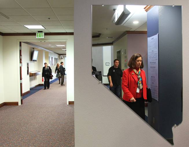 A Nevada-shaped mirror reflects a hallway in the Legislative Building during the third day of the 2013 legislative session Wednesday, Feb. 6, 2013 in Carson City.