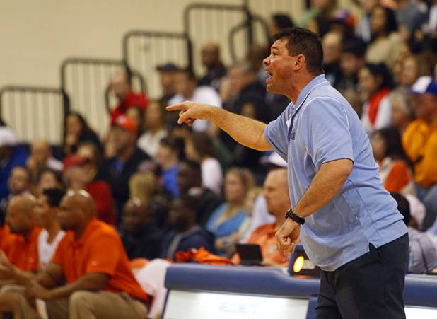 Centennial High School coach Todd Allen calls out to players during a game against Bishop Gorman at Bishop Gorman Thursday, Feb. 7, 2013. Bishop Gorman beat Centennial 79-71 in double overtime.