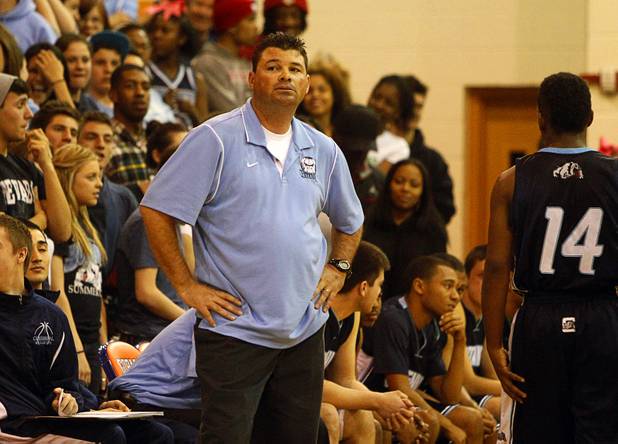 Centennial High School coach Todd Allen watches his players take on Bishop Gorman at Bishop Gorman Thursday, Feb. 7, 2013. Bishop Gorman beat Centennial 79-71 in double overtime.