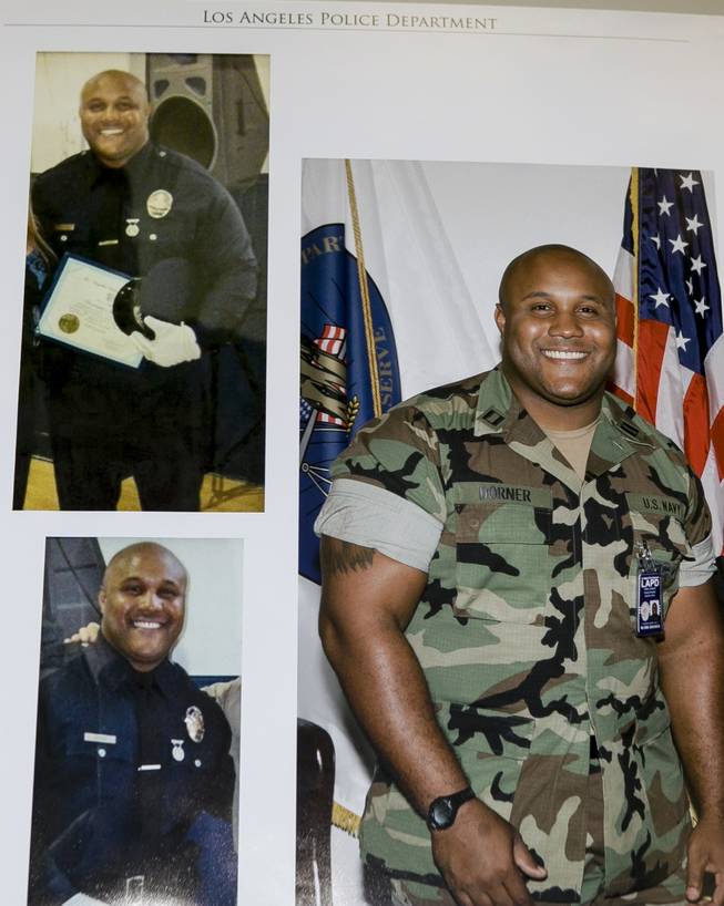A  photo released by the Los Angeles Police Department shows three images of suspect Christopher Dorner, a former Los Angeles officer. Police have launched a massive manhunt for the former Los Angeles officer suspected of killing a couple over the weekend and opening fire on four officers early Thursday, Feb. 7, 2013,  killing one and critically wounding another, authorities said. 