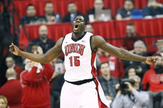 UNLV forward Anthony Bennett celebrates a dunk against New Mexico during their game Saturday, Feb. 9, 2013 at the Thomas & Mack Center.