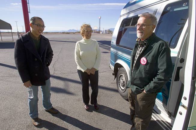 David Paulsen, right, a member of United Methodist Church in Boulder City, chats with his wife Barbara and organizer Robert Hoo during a break in Amargosa Valley as they head to Carson City Sunday, Feb. 10, 2013. Nevadans for the Common Good, a coalition of faith-based organizations, are learning about the legislative process as they lobby for Assembly Bill 67. The bill would strengthen the laws against sex traffickers.