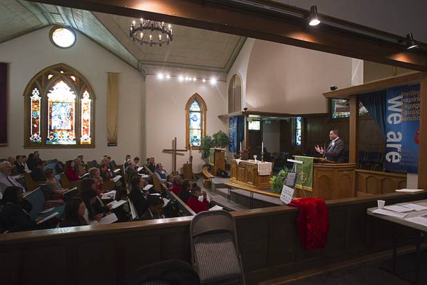 James Dold, senior policy counsel for the Polaris Project, speaks to members of Nevadans for the Common Good at the First United Methodist Church in Carson City Monday, Feb. 11, 2013. The group, a coalition of faith-based organizations, is learning about the legislative process as they lobby for Assembly Bill 67. The bill would strengthen the laws against sex traffickers. The Polaris Project is a national organization committed to combating human trafficking.