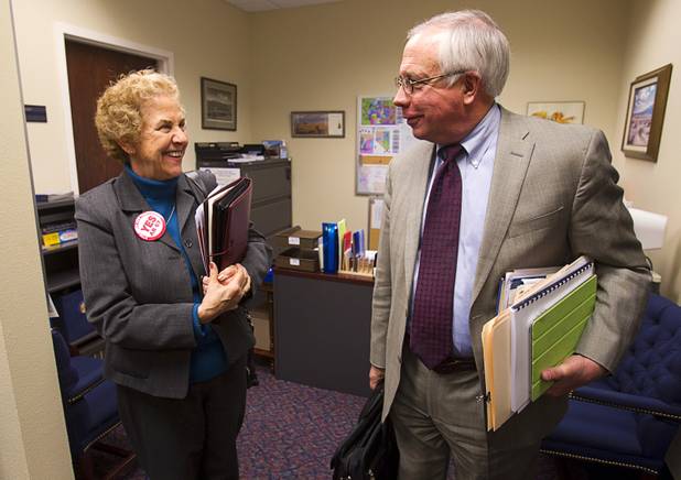 Barbara Paulsen, a member of United Methodist Church in Boulder City, meets with Assembly Minority Leader Pat Hickey (R-Assembly District 25 in Washoe County) at the State Legislature in Carson City Monday, Feb. 11, 2013. Nevadans for the Common Good, a coalition of faith-based organizations, are learning about the legislative process as they lobby for Assembly Bill 67. The bill would strengthen the laws against sex traffickers.