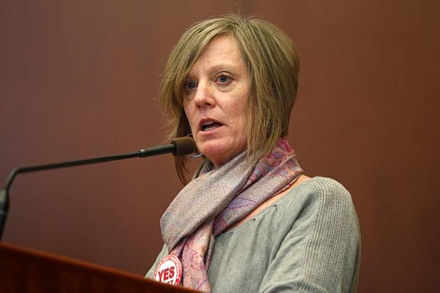 Andrea Swanson relays a personal message during a news conference at the State Legislature in Carson City Monday, Feb. 11, 2013. Nevadans for the Common Good, a coalition of faith-based organizations, are learning about the legislative process as they lobby for Assembly Bill 67. The bill would strengthen the laws against sex traffickers.