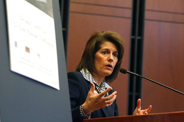Nevada Attorney General Catherine Cortez Masto speaks at a news conference at the State Legislature in Carson City Monday, Feb. 11, 2013. Nevadans for the Common Good, a coalition of faith-based organizations, are learning about the legislative process as they lobby for Assembly Bill 67. The bill would strengthen the laws against sex traffickers.