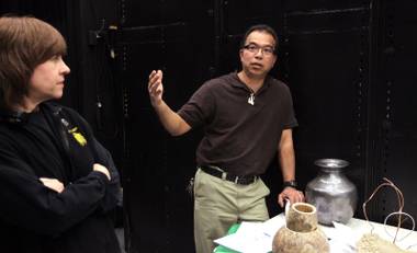 JanNelle Rivers, left, head of props and puppets at “Ka” and Gary Wong, assistant head of props and puppets at “Ka” talk about the set pieces they designed for “One Night for One Drop” inside the props department inside “Ka” at the MGM Grand in Las Vegas on Tuesday, February 12, 2013.