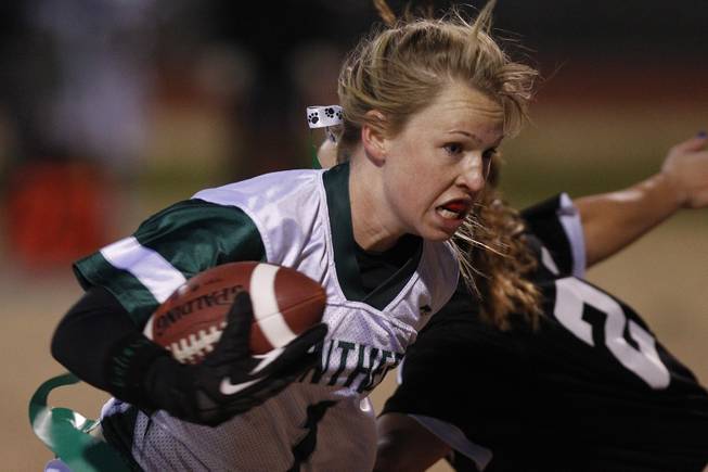 Palo Verde's Markie Henderson heads upfield against Silverado during the district championship for flag football Wednesday, Feb. 13, 2013. Palo Verde won the game 7-6.