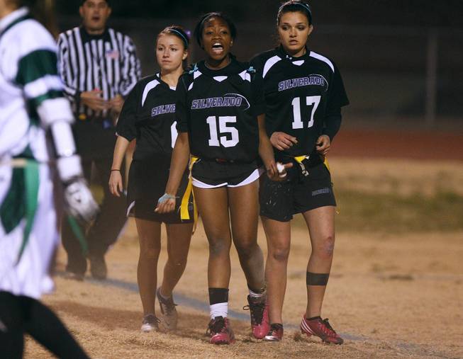 Silverado's LaShayla Peters reacts to a penalty call during their district championship game for flag football against Palo Verde Wednesday, Feb. 13, 2013. Palo Verde won the game 7-6.