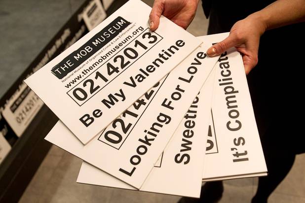 Special line-up cards made for Valentines Day are displayed at the Mob Museum, the National Museum of Organized Crime and Law Enforcement, in downtown Las Vegas Wednesday, Feb.13, 2013. The museum celebrates it's first anniversary on Valentine's Day.