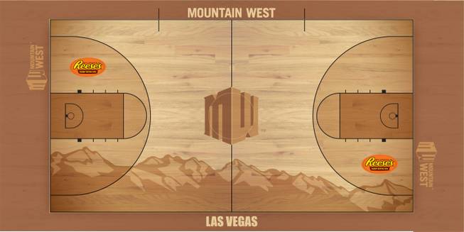 This is the court for the 2013 men's and women's Mountain West basketball tournament, which will be played at the Thomas & Mack Center on March 12-16. The league announced Friday, Feb. 15 that the tournament will stay in Las Vegas at least through 2016.