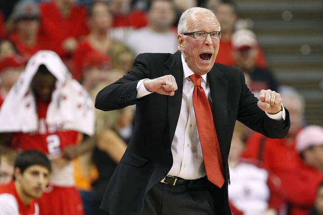 San Diego State head coach Steve Fisher yells to his players during their game against UNLV Saturday, Feb. 16, 2013. UNLV won the game 72-70 to sweep the regular season series.