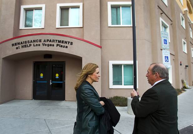 Maria Cuomo Cole, chairman of HELP USA, talks with Steve Silverman, regional executive director, at the HELP Las Vegas Renaissance Apartments on North Main Street Tuesday, Feb.19, 2013. HELP USA is a national developer of housing for homeless and low-income populations including families, victims of domestic violence, and veterans.