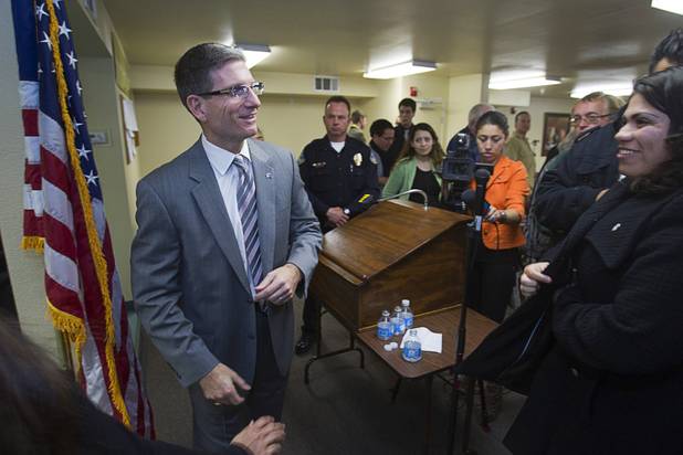 Congressman Joe Heck, left, (R-NV) greets constituents at the conclusion of a town hall meeting with constituents at Pacific Pines Senior Apartments in Henderson Tuesday, Feb.19, 2013.