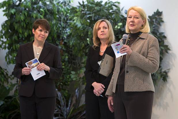 Clark County School Board trustees Erin Cranor, left, and Lorraine Alderman, right, speak during an official opening ceremony at the new John F. Miller School, which serves students with disabilities and special behaviors, Wednesday Feb. 20, 2013. Kim Wooden, CCSD chief student services officer, is at center. The school has been nominated for a national design award.