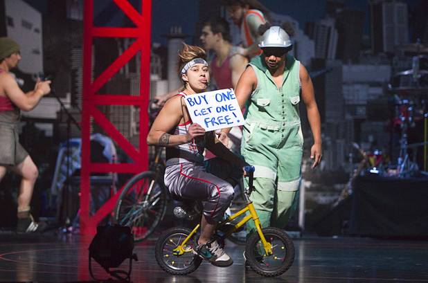 Circus Oz performer "Fantasia Fitness" (Flip Kammerer) promotes her line of fitness videos during a rehearsal at the Smith Center for the Performing Arts Thursday, Feb. 210, 2013. The Australian-based troupe will be performing at the Smith Center Thursday through Saturday.