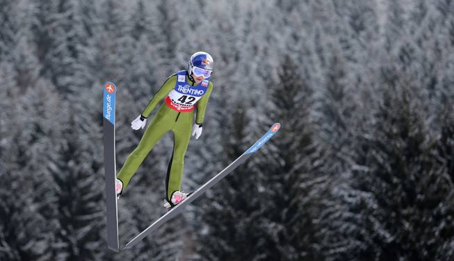 Sarah Hendrickson of the United States  soars through the air during the women's ski jumping HS 106 Individual at the Nordic Ski World Championships in Val di Fiemme, Italy, Friday, Feb. 22, 2013. 