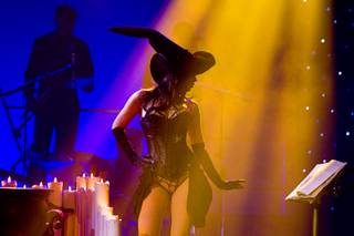 Claire Sinclair, Playboy's 2011 Playmate of the Year, performs in an October-themed sequence during a media preview of 
