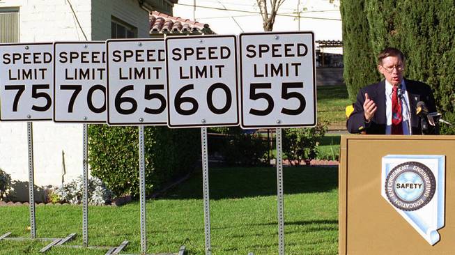 Tom Stephens, director of the Nevada Department of Transportation, talks about the higher speed limits in Nevada during a news conference, Dec. 8, l995, in Las Vegas. Stephens predicted that higher speed limits would have no increase in speed-related highway deaths.