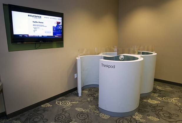 A Thinkpod is shown in the business lounge at the Tivoli Village Executive Suites Tuesday, Feb. 25, 2013. The Thinkpod allows guests or tenants to work in shared space of a business lounge.