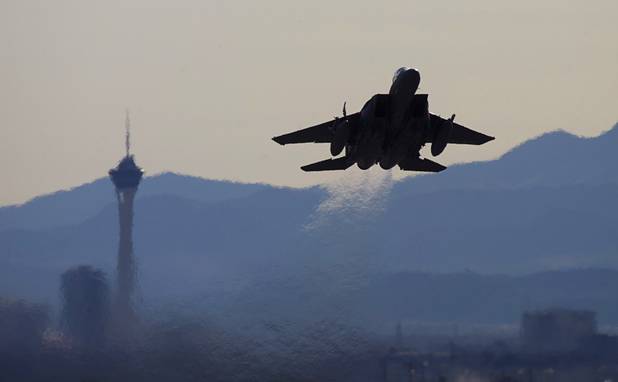An F-15 fighter jet takes off during Red Flag 13-3 exercises at Nellis Air Force Base Wednesday, Feb. 27, 2013.