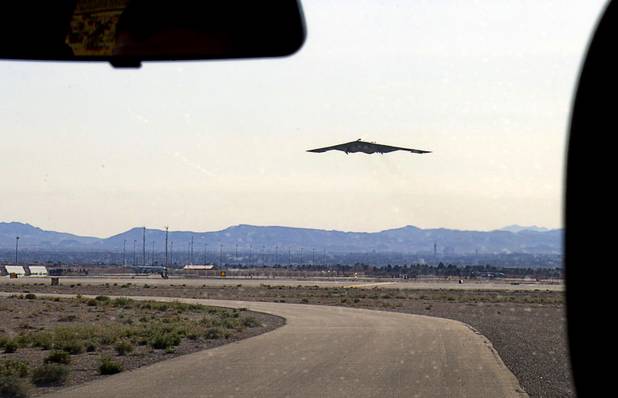 A B-2 Spirit appears more like a UFO than a plane as it takes off during Red Flag 13-3 exercises at Nellis Air Force Base Wednesday, Feb. 27, 2013.
