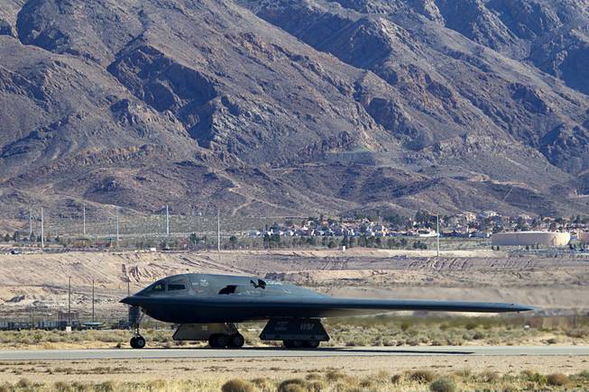 A B-2 Spirit taxis by a runway during Red Flag 13-3 exercises at Nellis Air Force Base Wednesday, Feb. 27, 2013.