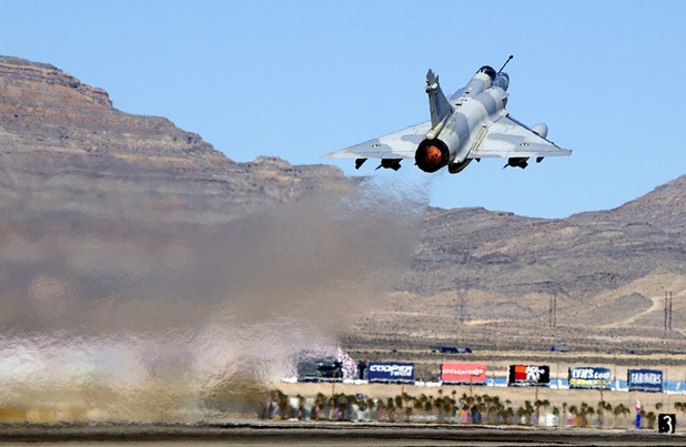 A French Mirage fighter jet takes off at Nellis Air Force Base Wednesday, Feb. 26, 2013. The French fighters were participating in Green Flag exercises.