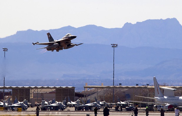 An F-16 fighter jet takes off during Red Flag 13-3 exercises at Nellis Air Force Base Wednesday, Feb. 27, 2013.