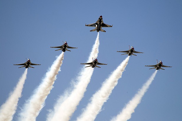 Members of the Thunderbirds, the U.S. Air Force Air Demonstration Squadron, train at Nellis Air Force Base Wednesday, Feb. 27, 2013.