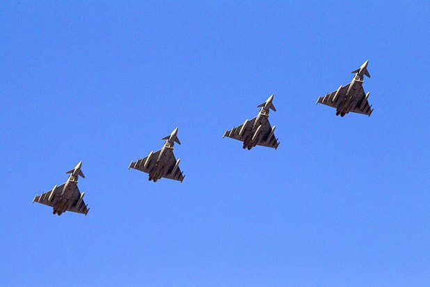 Typhoon fighter jets fly in formation as they return to Nellis Air Force Base after Red Flag 13-3 exercises Wednesday, Feb. 27, 2013.