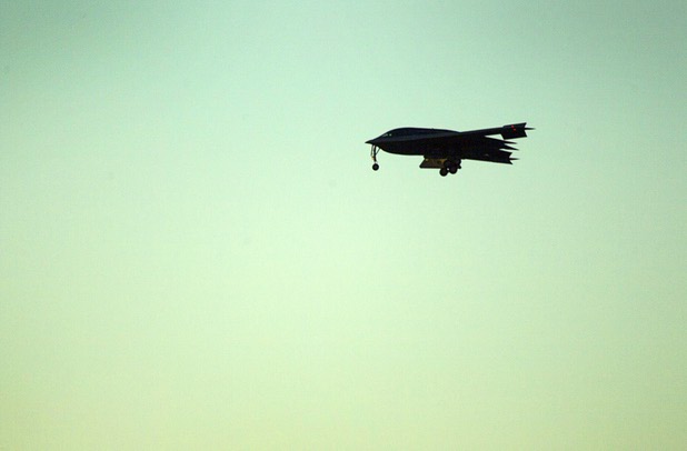 A B-2 Spirit prepares to land at Nellis Air Force Base during Red Flag 13-3 exercises Wednesday evening, Feb. 27, 2013.